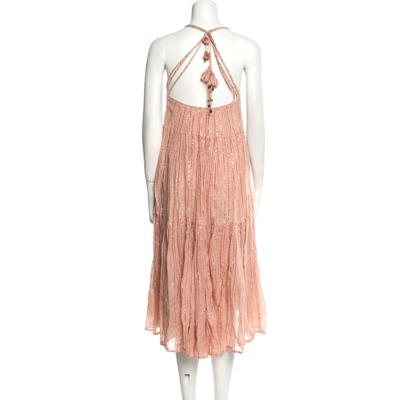Ulla Johnson S Samara Cotton Low Back Tent Midi Dress Metallic Stripe Peach Pink - Picture 7 of 10
